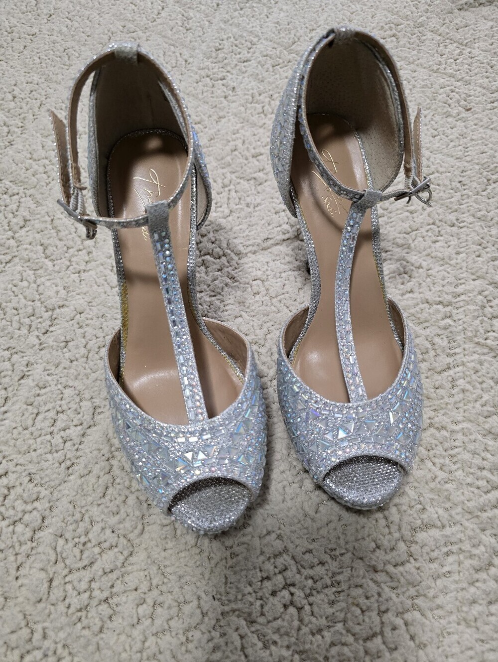 Thalia Sodi Iridescent Silver T-Strap Heels